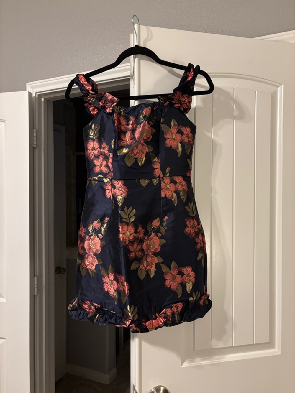 Pop the Bottle Navy Blue Floral Jacquard Ruffled Mini Dress